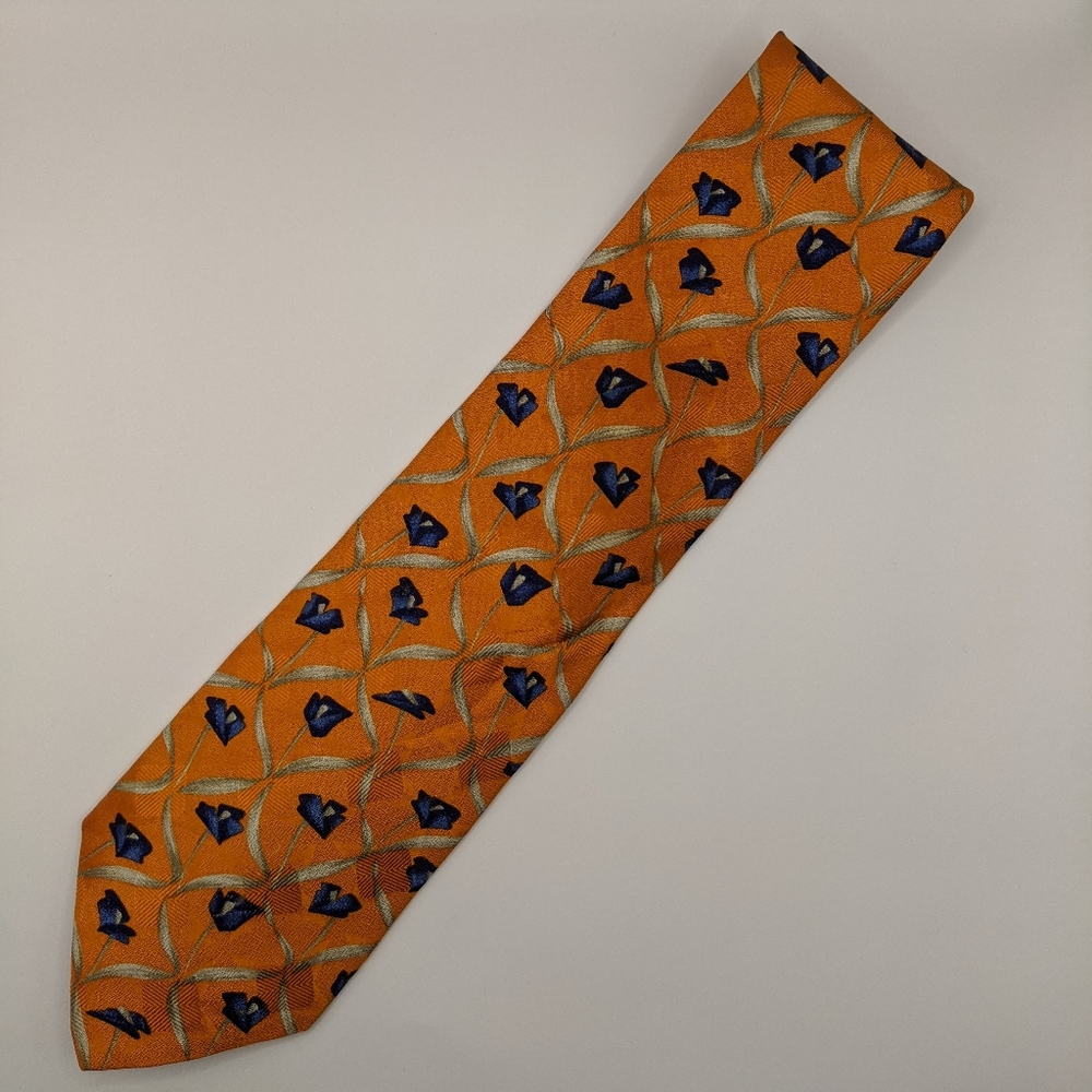 Paul Fredrick - Orange with Blue Floral Pattern Men's Neck Tie